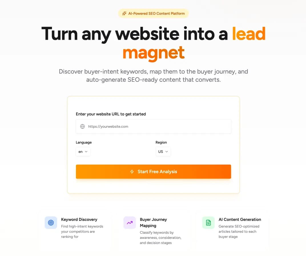 Growmey dashboard showing AI content generation and SEO analysis tools